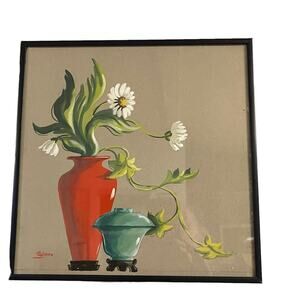 Vintage Still Life Painting Daisies Chinese Vase Signed Shera